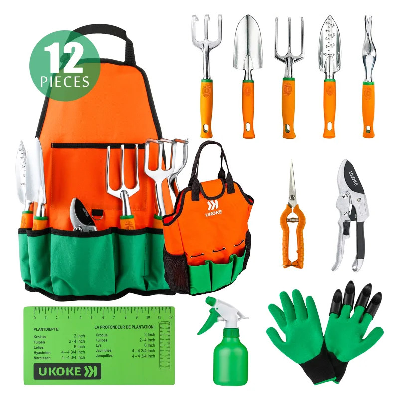 UKOKE 12 Piece Aluminum Garden Tools Set, Gardening Apron with Storage Pocket | Walmart (US)