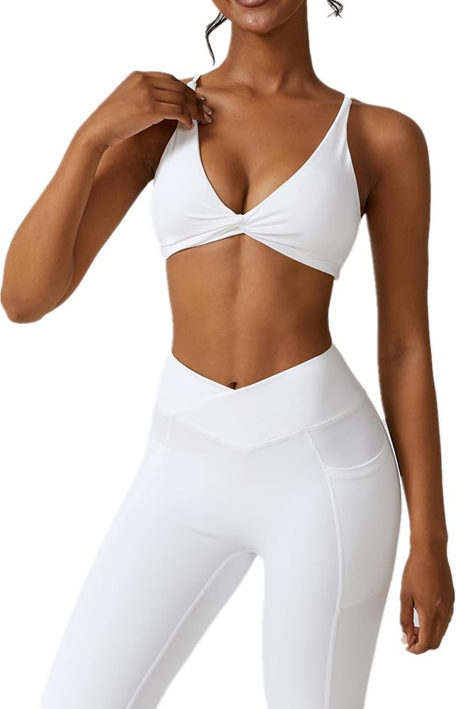 ABOCIW Workout Sets for Women Twist Front Halter Sports Bras High Waist Legging 2 Piece Exercise ... | Amazon (US)