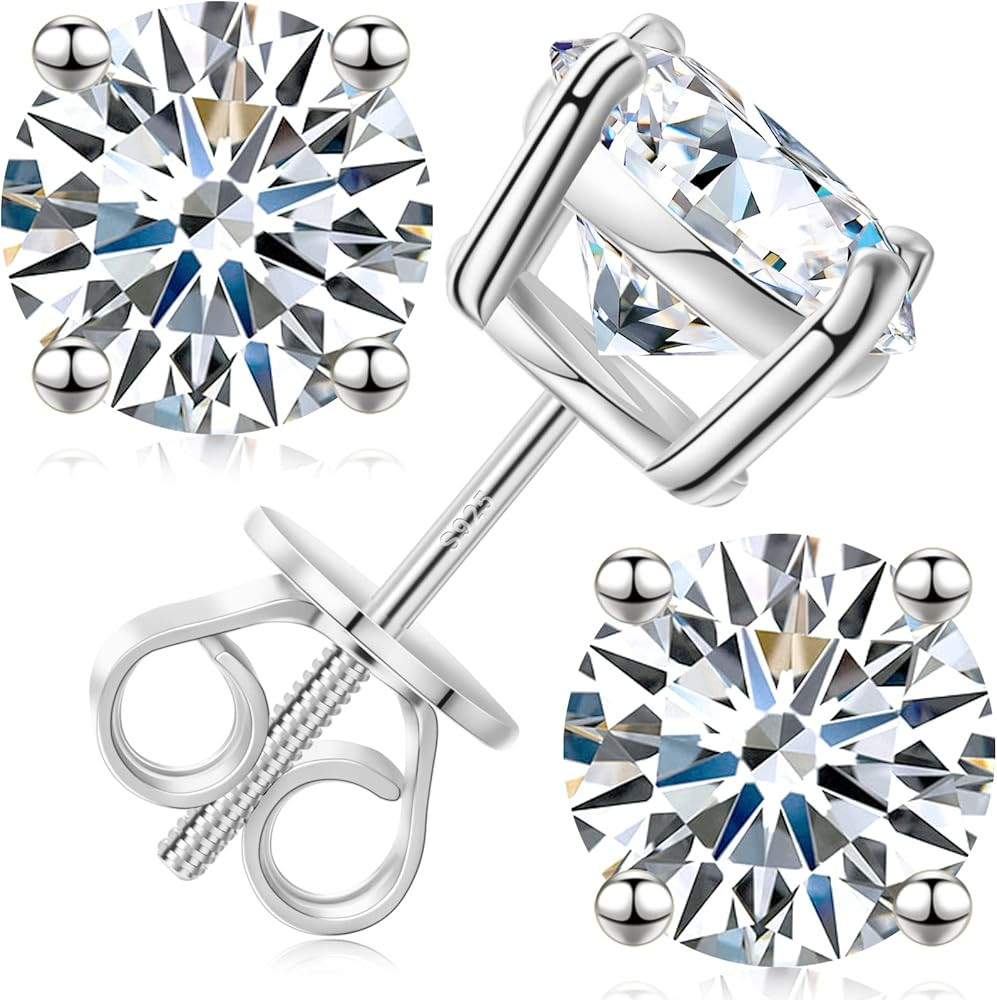 Moissanite Stud Earrings Screw Back 3-10mm 0.2ct-8.0ct 18K White Yellow Rose Gold Plated S925 Ste... | Amazon (US)
