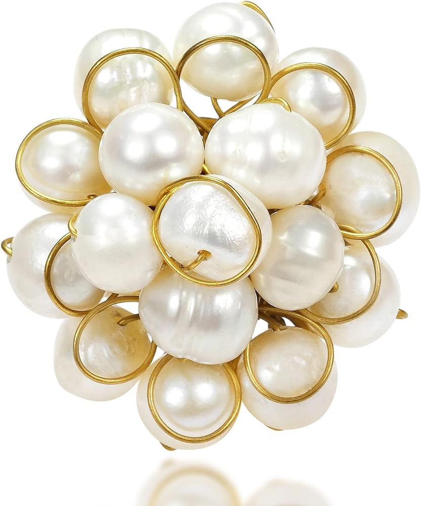 AeraVida Unique Round Front Cluster Cultured Freshwater Pearl Free Size Ring | Flower Shaped Vint... | Amazon (US)