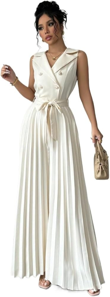 Women's 2025 Casual Jumpsuit Romper Elegant Double-Breasted Pleated Jumpsuit | Amazon (US)