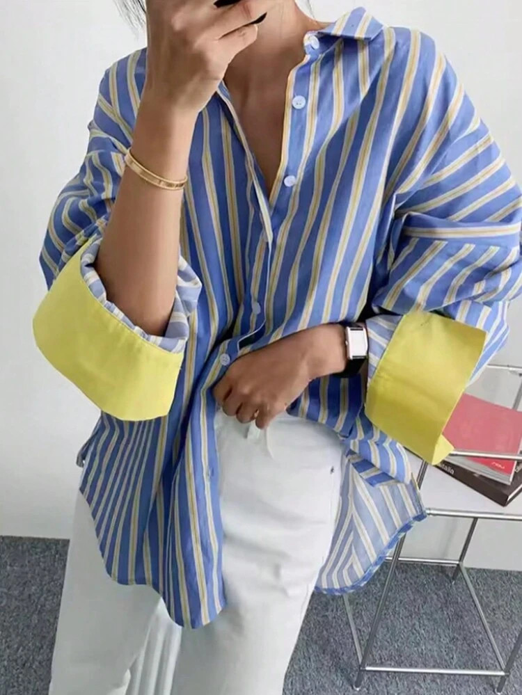Women's Oversize Striped Button Down Shirt, Blue Yellow Contrast Cuff Loose Blouse, Vintage Casual Long Sleeve Top For Daily & Streetwear | SHEIN