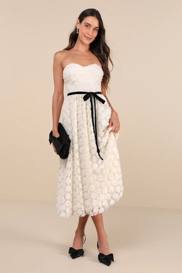 Cute Merriment Ivory 3D Floral Applique Lace Midi Dress | Lulus
