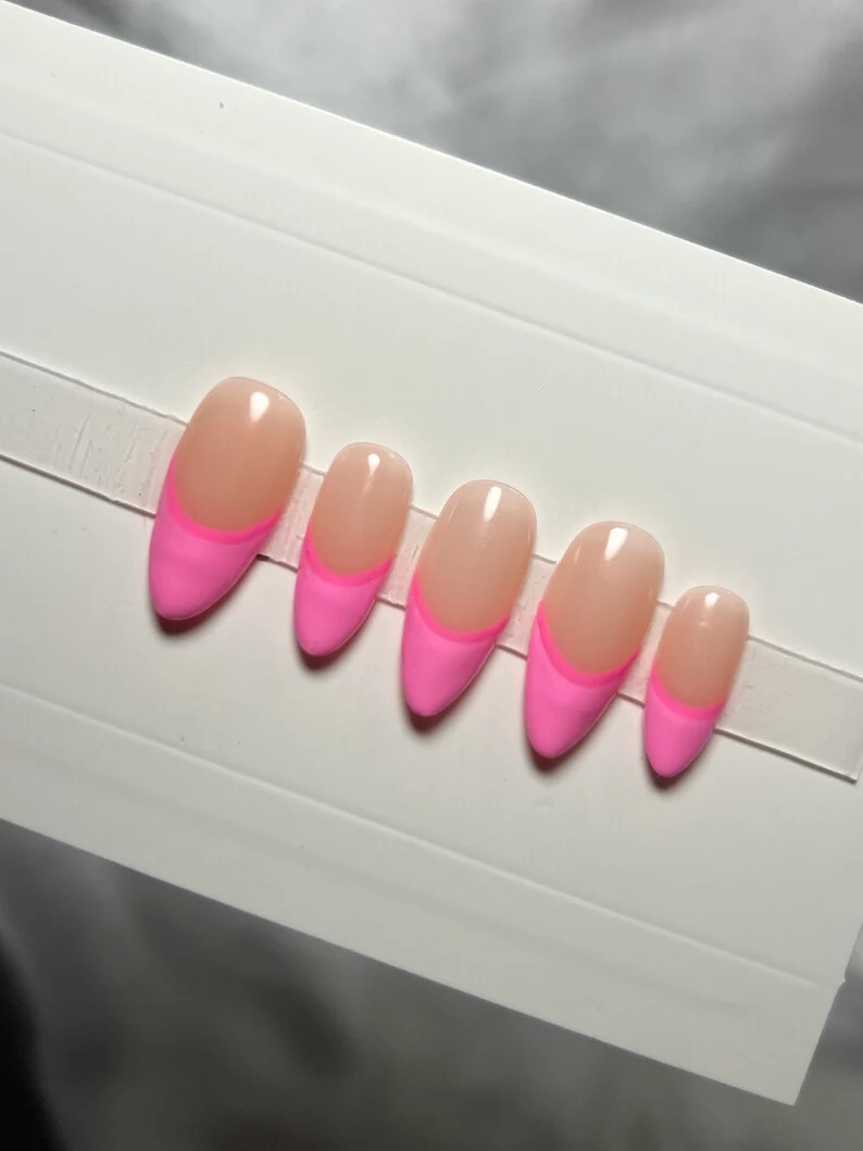 Luxury Hand Painted Press on Nails Pink Lined French Tip - Etsy | Etsy (US)