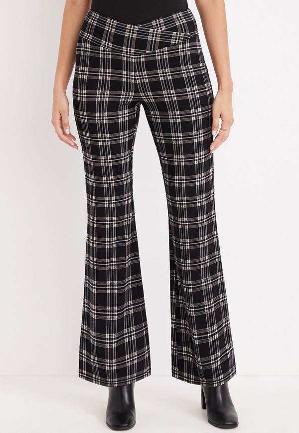Black Plaid Ever Go Flare Crossover Waist Pant | Maurices