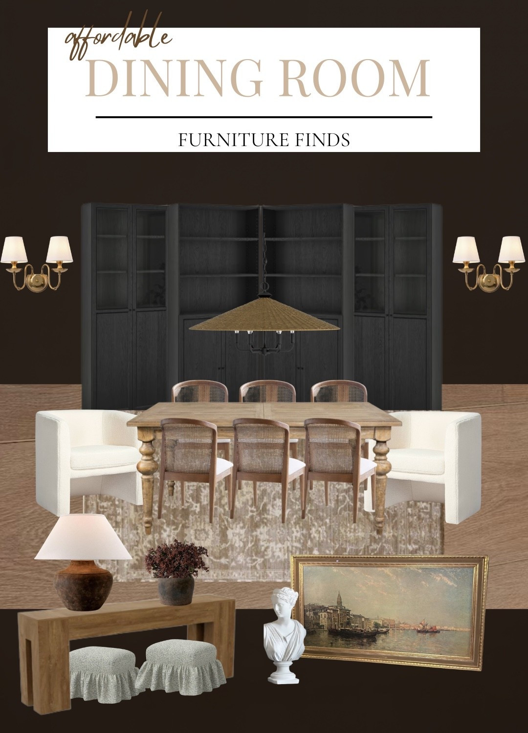 Moody dining room decor, dining room inspo, vintage dining room, lounge decor, gold sconce lights, wall sconces, dining room light, dining table, wood dining chairs, white accent chairs, white dining chairs, large table lamp, dining room rug, IKEA Billy Bookshelves. Target decor, bust decor

#LTKHome #LTKSaleAlert