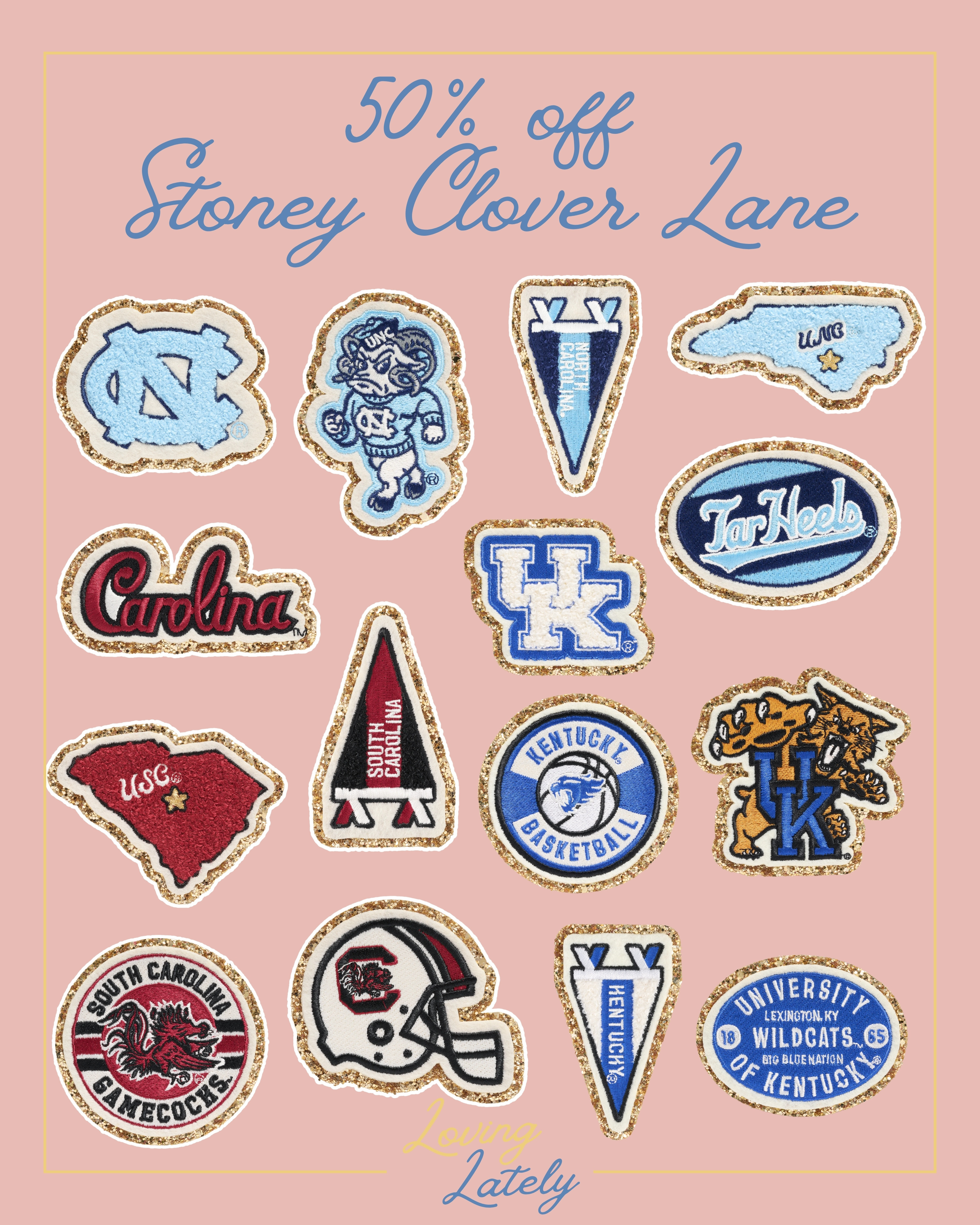 Save 50% off Stoney Clover Lane collegiate patches! 

North Carolina | TarHeels | UNC | South Carolina | Gamecocks | Kentucky | Wildcats | Gameday | Football Season | Basketball Season | University of Kentucky  

 #LTKSaleAlert #LTKFindsUnder50