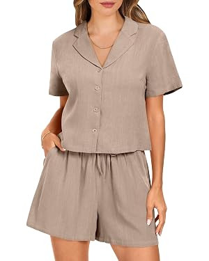 ANRABESS Women's Two Piece Outfits Linen Sets Short Sleeve Button Crop Tops Casual Lounge Shorts ... | Amazon (US)