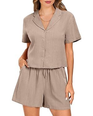 ANRABESS Women's Two Piece Outfits Linen Sets Short Sleeve Button Crop Tops Casual Lounge Shorts ... | Amazon (US)