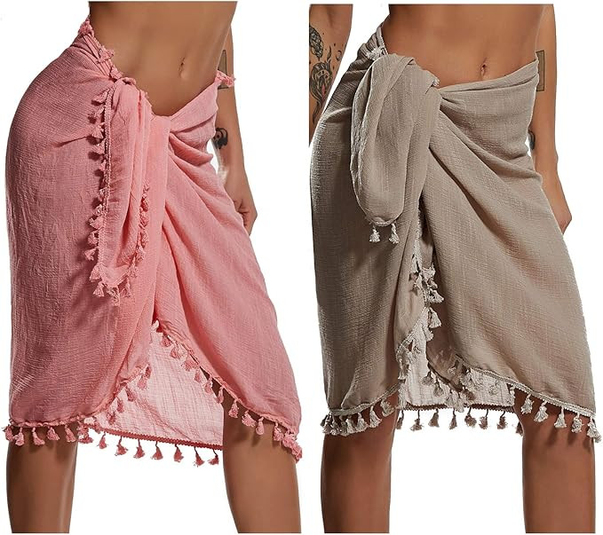 Eicolorte Beach Sarong Pareo Womens Semi-Sheer Swimwear Cover Ups Short Skirt with Tassels | Amazon (US)