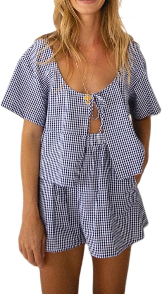 KMBANGI Women Tie Front 2 Piece Pajama Gingham Lounge Set Short Sleeve Babydoll Shirt Blouse Plai... | Amazon (US)