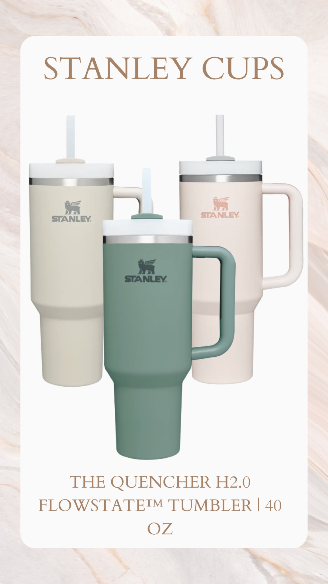 Stay hydrated with these 40 oz Stanley Cups! These tumblers will keep your drink hot for 7 hours, cold for 11 hours, and 2 days iced. ❄️ Now available in soft matte! 
Colors I bought as shown: 
Slate in Soft Matte
Dune in Soft Matte
Rose Quartz in Stainless Steel
#stanleycups #stanley #stanley1913 #stanleytumbler 

#LTKunder50 #LTKtravel #LTKhome