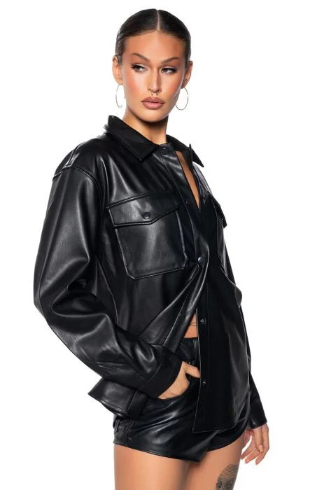 KATE FAUX LEATHER BUTTON DOWN SHIRT IN BLACK | AKIRA