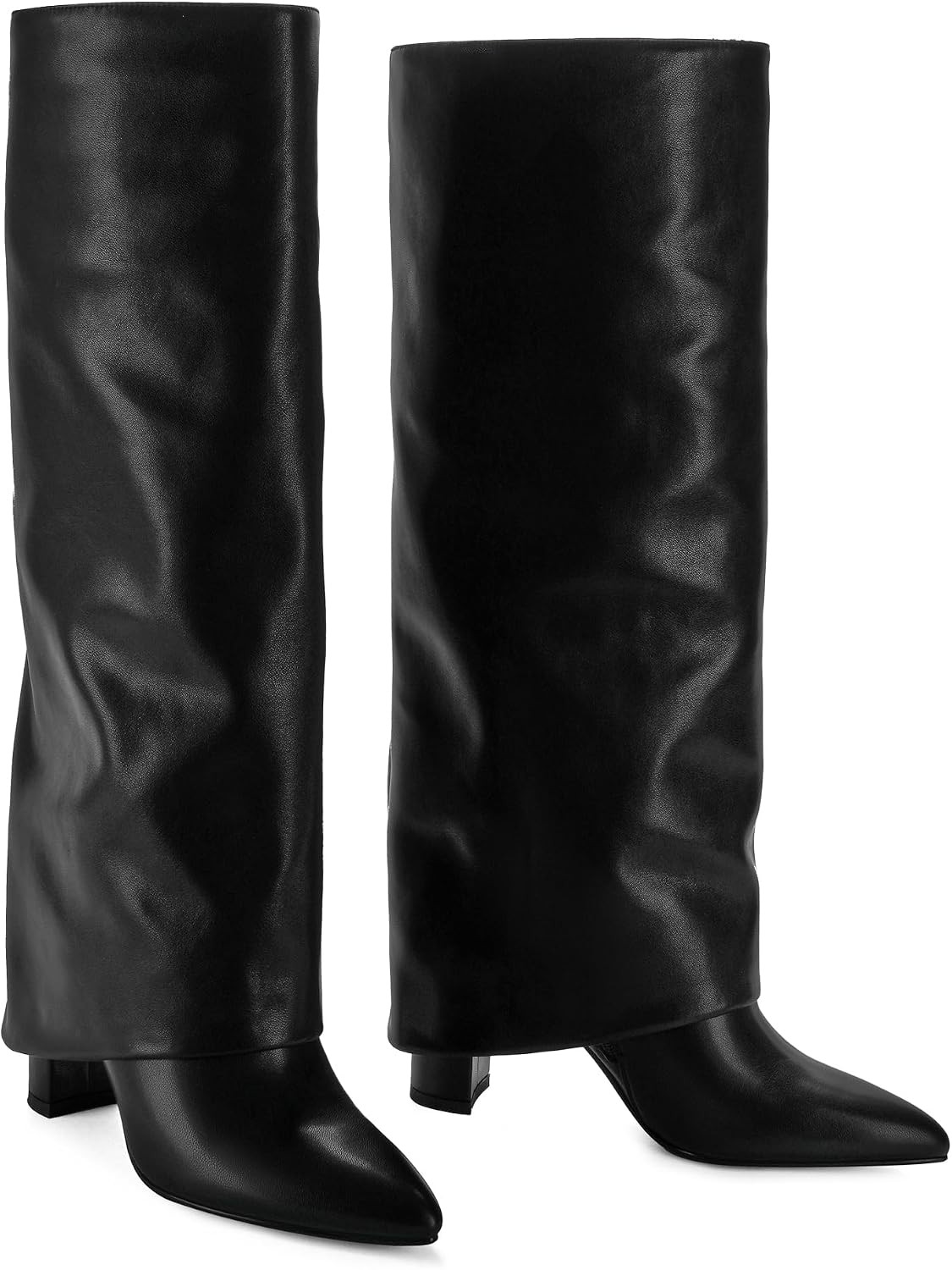 Knee High Boots Women Fold Over Boots Chunky Heel Pointed Toe Tall Boots | Amazon (US)