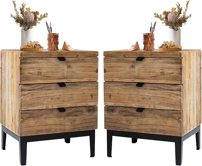 Wnutrees Farmhouse Nightstand Wood Bedside Table with 3-Drawers Bedside End Tables Storage for Li... | Amazon (US)