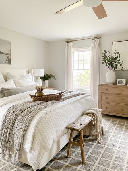 Winter bedding, Pom Pom at Home bedding, TWOPAGES curtains, upholstered bed, Loloi rug, vintage wood bench 

#LTKhome #LTKstyletip