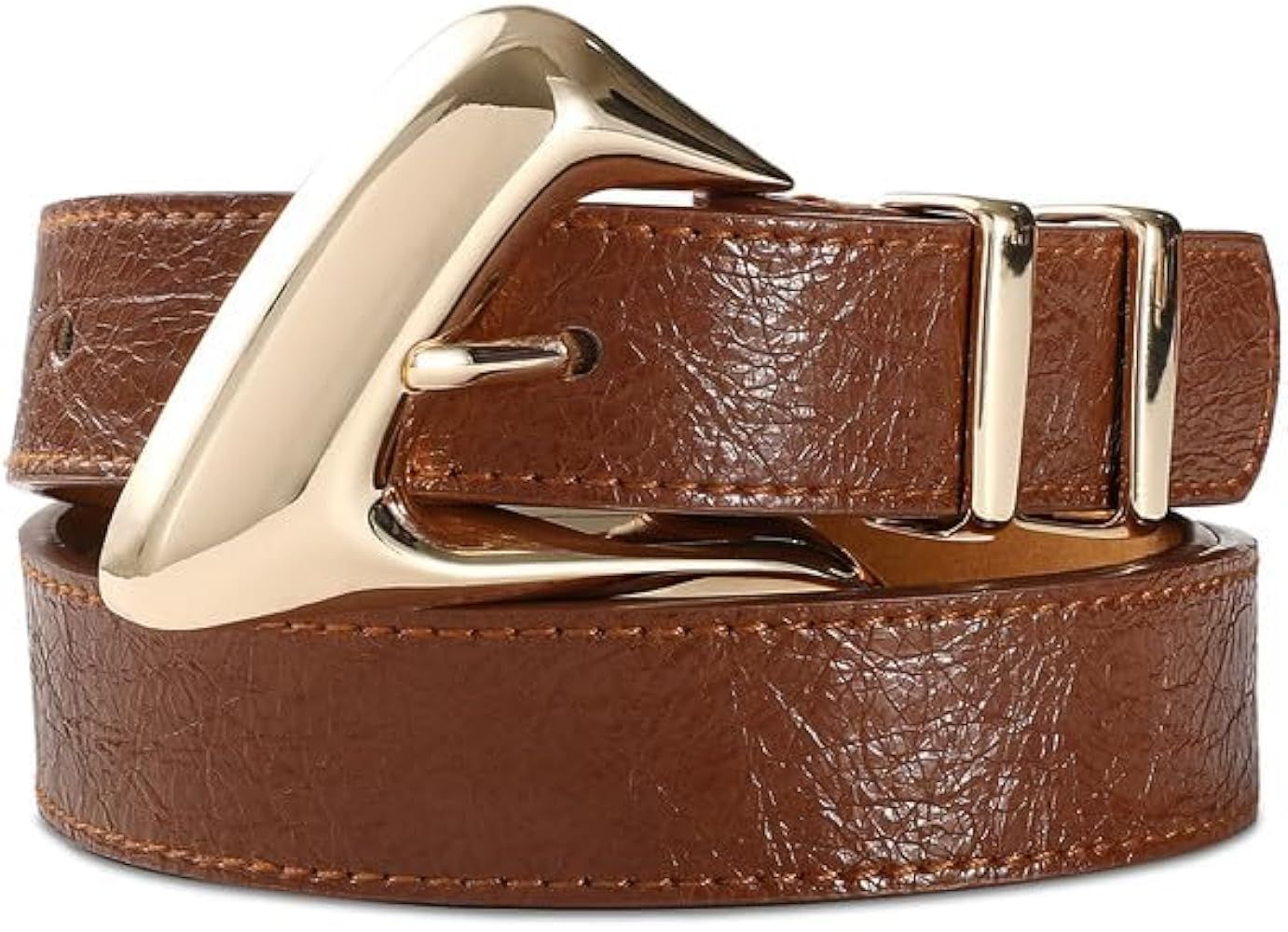 Brown Leather Stylish Belt with Shiny Gold Metal Buckle Unique Inflated Design for Casual Fashion... | Amazon (US)