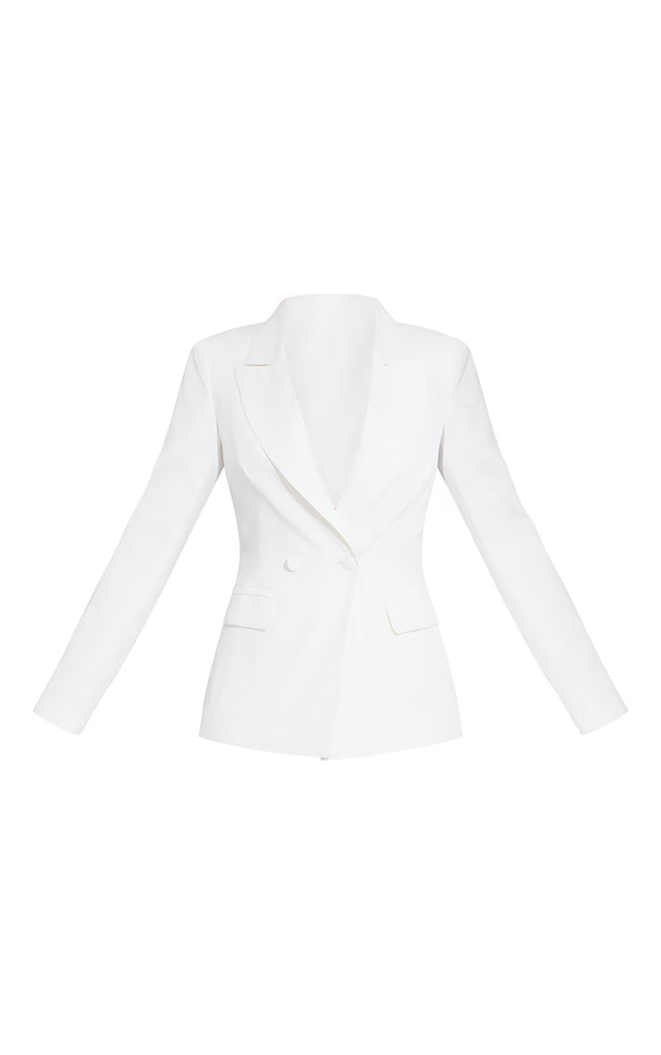 White Woven Pocket Detail Double Breasted Blazer | PrettyLittleThing US