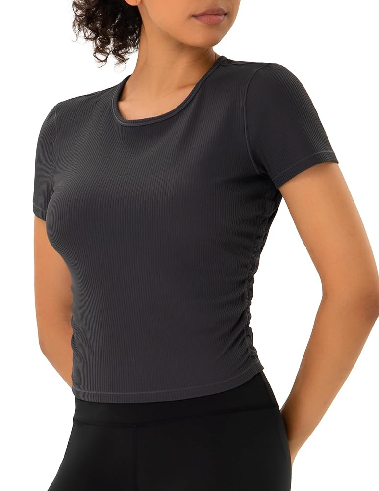 YUNOGA Womens Workout Top Short Sleeve Ribbed T-Shirt Compression Athletic Yoga Shirts | Amazon (US)