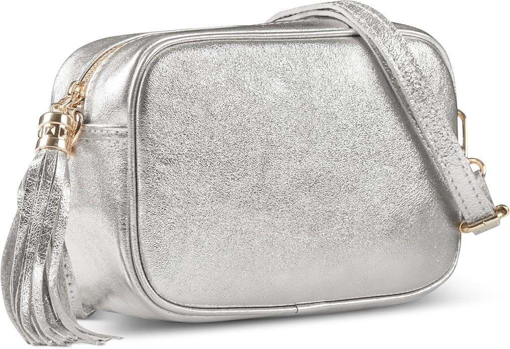 Italian Genuine Metallic Suede Crossbody Bag for Women with Zipper | Small Leather Camera Purse S... | Amazon (US)