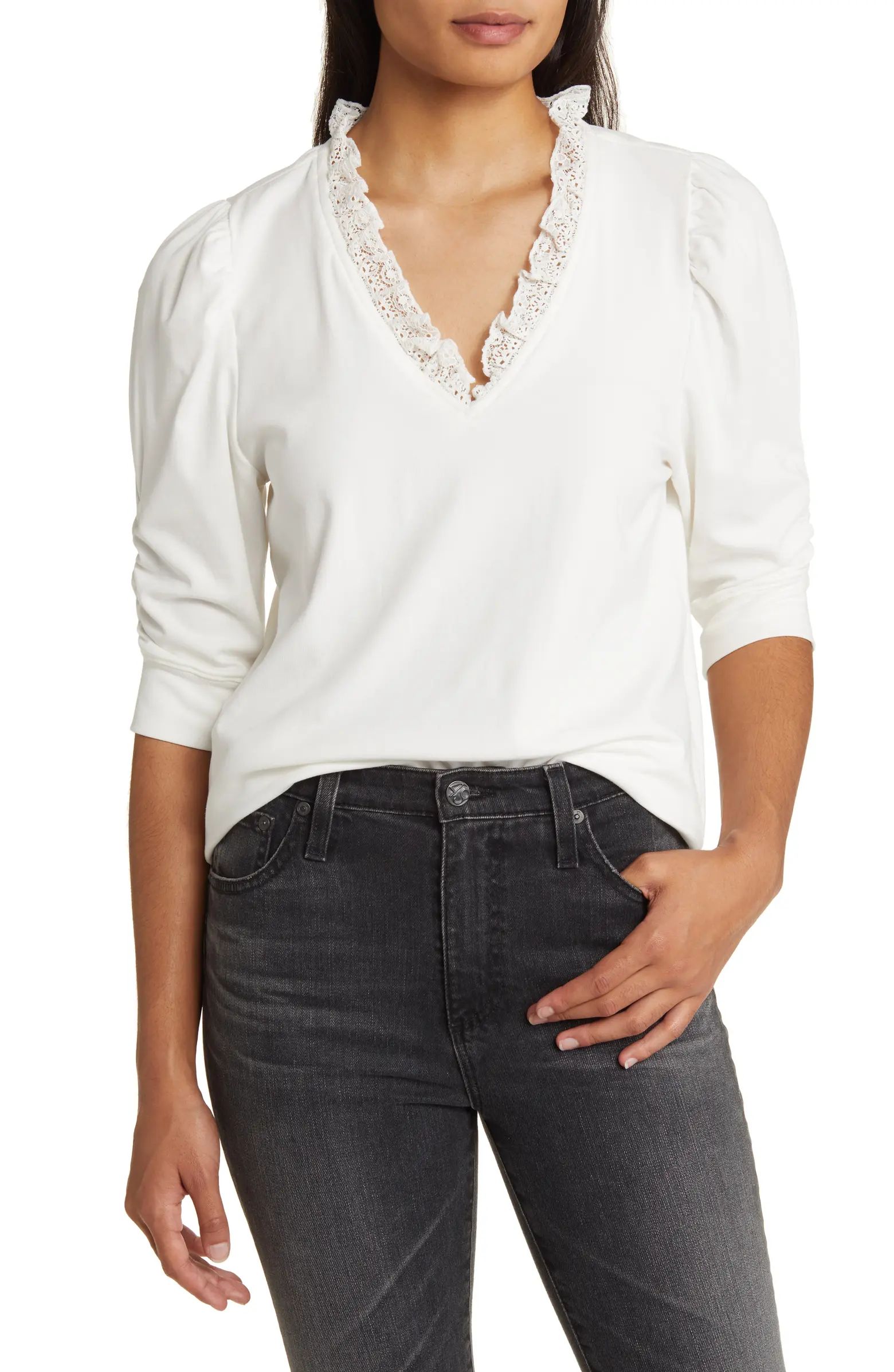 Lace Trim Ruched Sleeve Top | Nordstrom