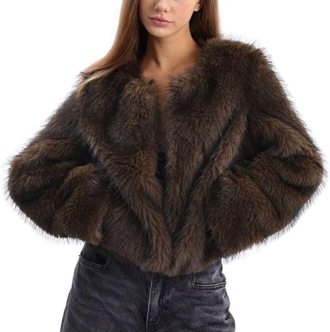 Amazhiyu Women's Faux Fur Long Sleeve Open-front Winter Cropped Coat with Pockets | Amazon (US)