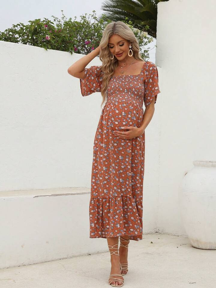 Maternity Ditsy Floral Print Square Neck Ruffle Hem Dress | SHEIN