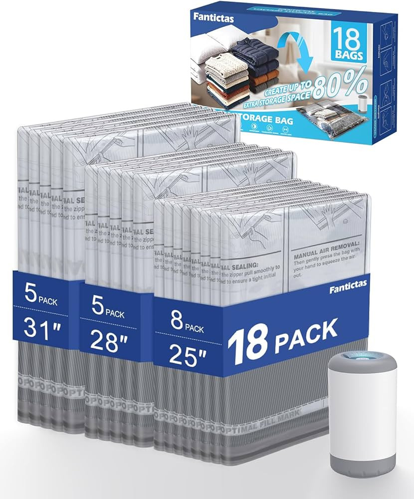 Fantictas Vacuum Storage Bags for Travel Luggage, 18 Pack Space Saver Bags with 4000Pa USB Rechar... | Amazon (US)