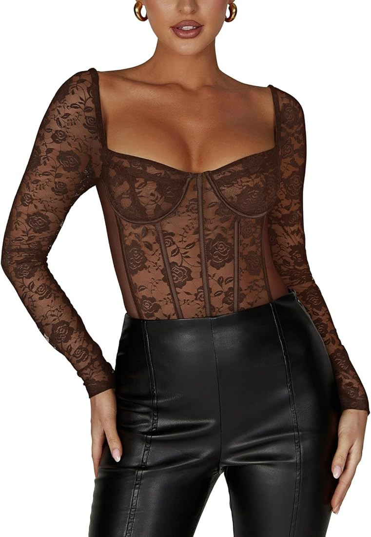 REORIA Women's Sexy Floral Lace Sweetheart Neck Mesh Long Sleeve Trendy Going Out Slimming Y2K Bu... | Amazon (US)