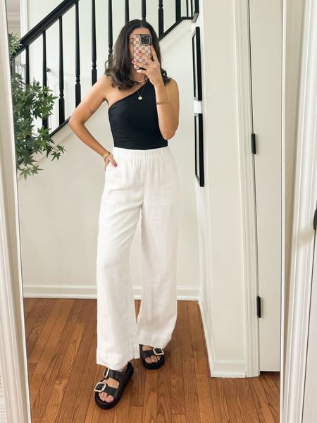 Travel capsule outfit with linen pants 
Pants are lined and also comes in more colors but I love the white!!
Swimsuit is full coverage and tts!
Sandals are so comfy!!!! I sized up one!

#LTKfindsunder100 #LTKfindsunder50 #LTKstyletip