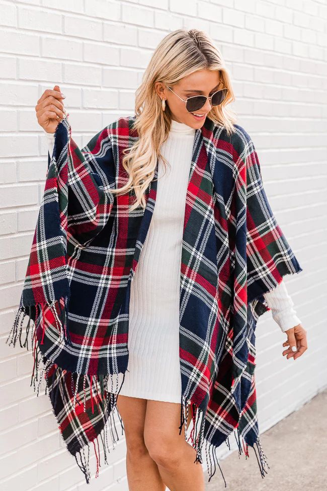 Better Times Navy Plaid Poncho | The Pink Lily Boutique
