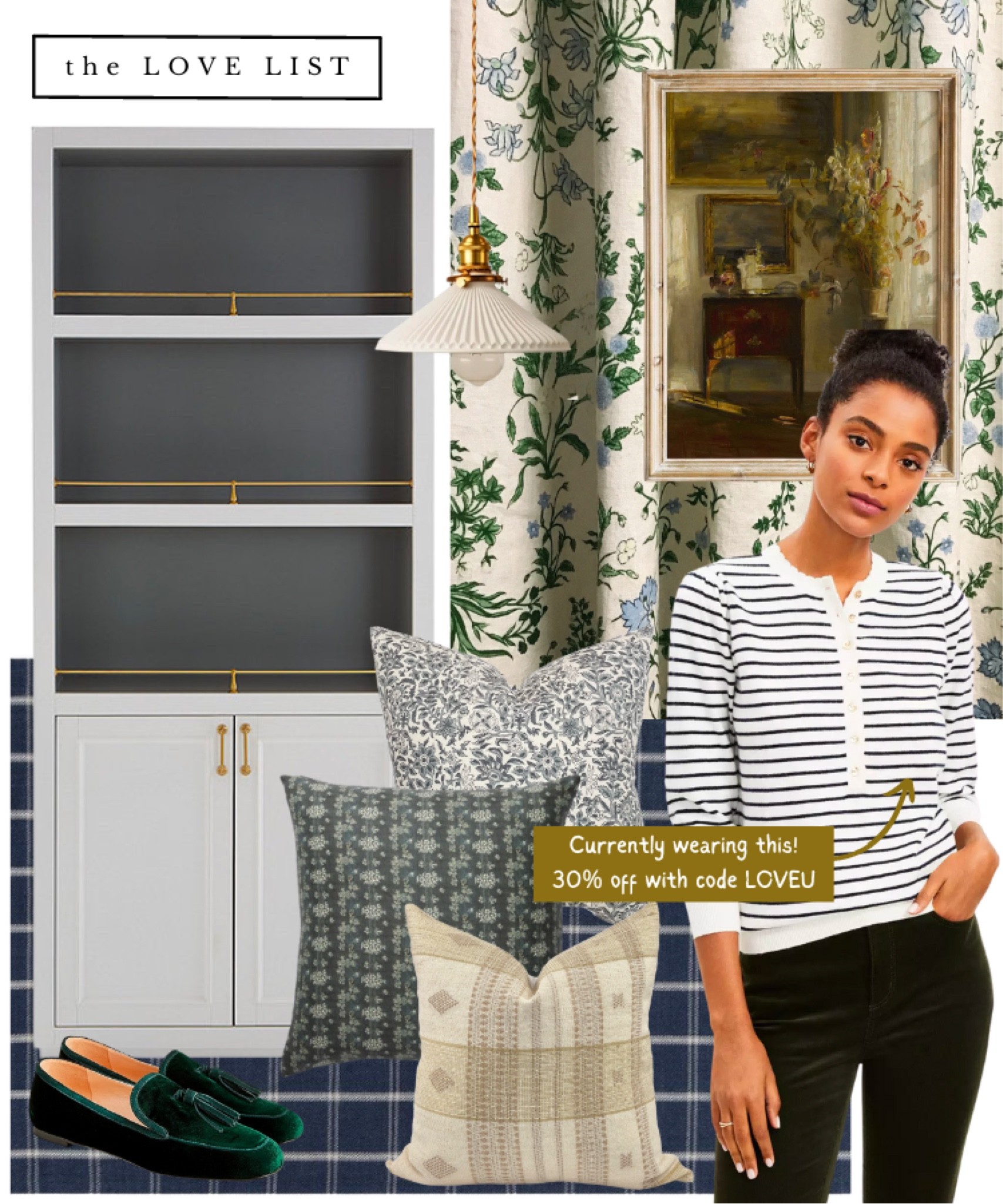 A preppy and pretty mix of home decor featuring a white bookcase with brass library rails and grey interior, floral linen cotton curtains, a ceramic pendant light, wool navy rug with windowpane design, and pillows in blue and white florals, army green, and beige.  A striped sweater with scallop details and tassel loafers in emerald green velvet create a cosy yet polished look to wear. 

#LTKhome #LTKHoliday #LTKSeasonal