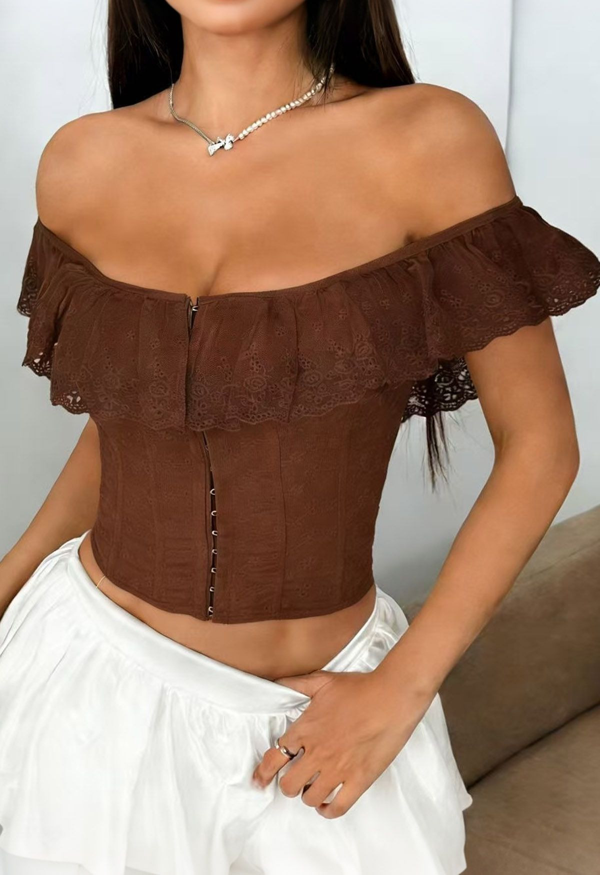 Front Hook Embroidered Ruffle Lace-Up Bustier in Brown for Garden Brunch & Picnic Dates | Chicwish