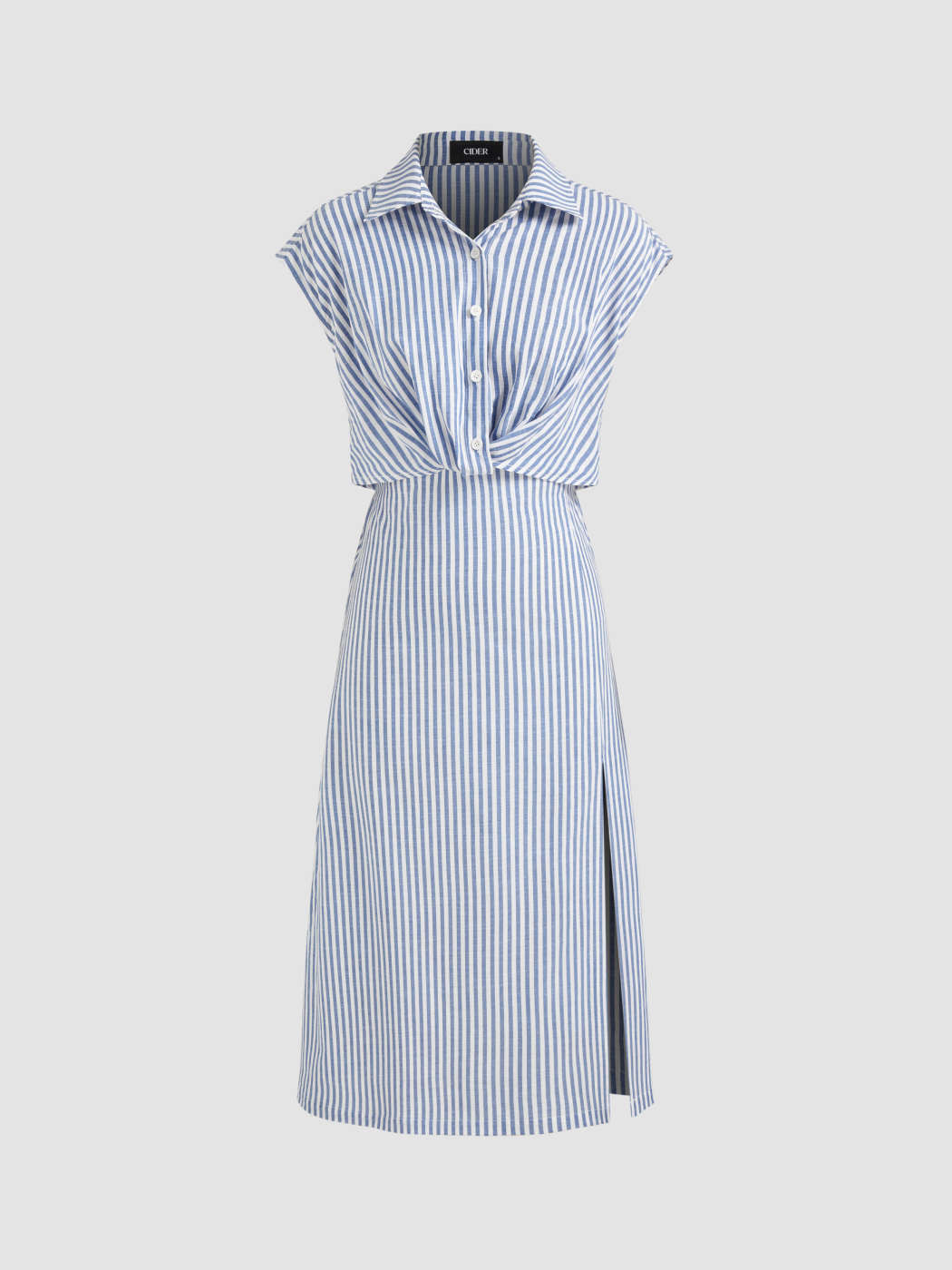 Cotton-blend Collar Striped Split Midi Shirt Dress | Cider