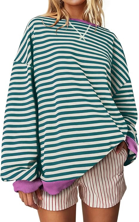 UEU Women Oversized Striped Crewneck Sweatshirt Long Sleeve Color Block Pullover Tops Casual Loos... | Amazon (US)