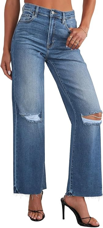 Allimy Women's High Waisted Straight Ankle Wide Leg Ripped Jeans Frayed Hem Stretchy Capri Denim ... | Amazon (US)