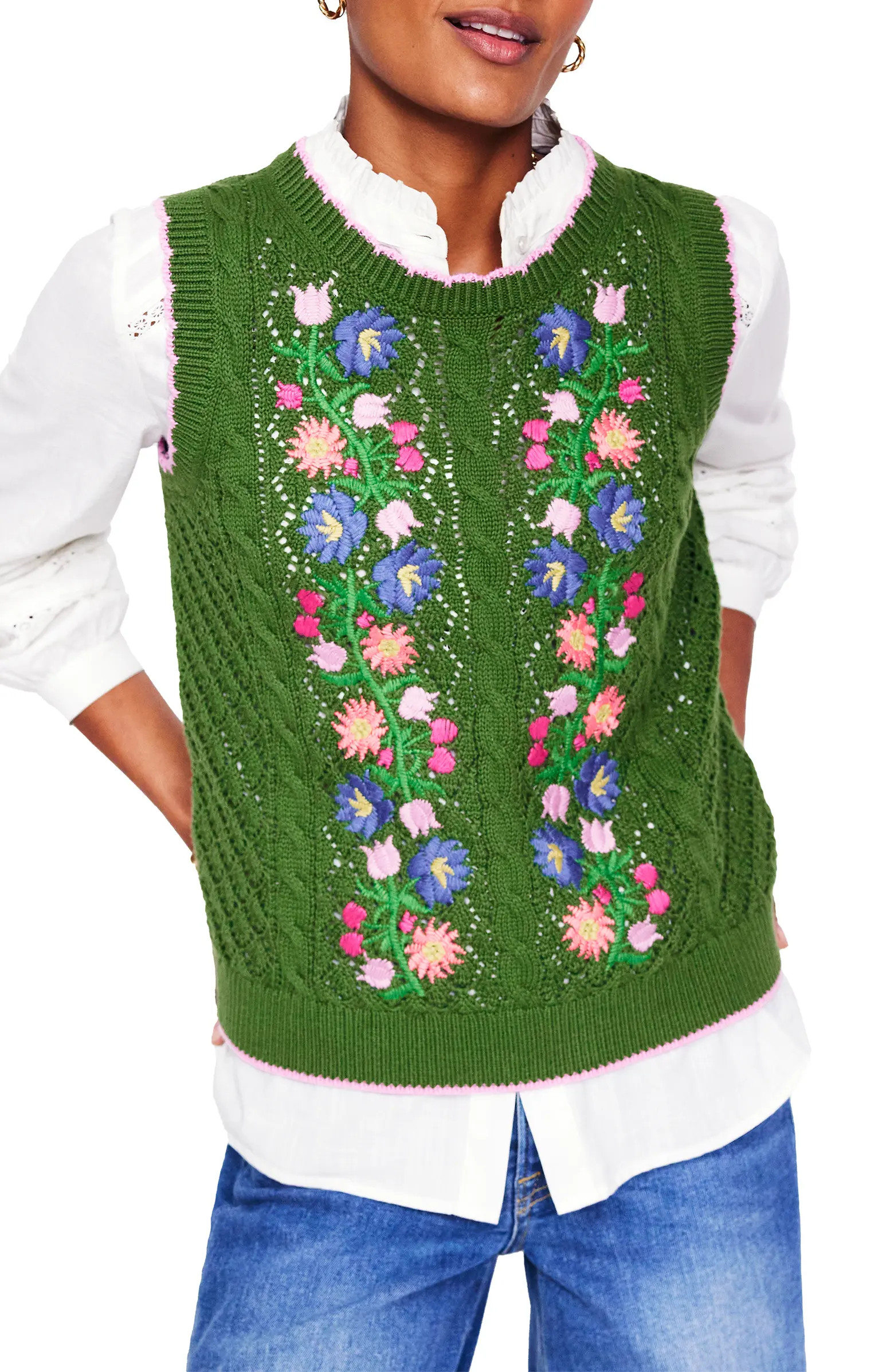 Boden Floral Embroidered Cotton Sweater Vest | Nordstrom | Nordstrom