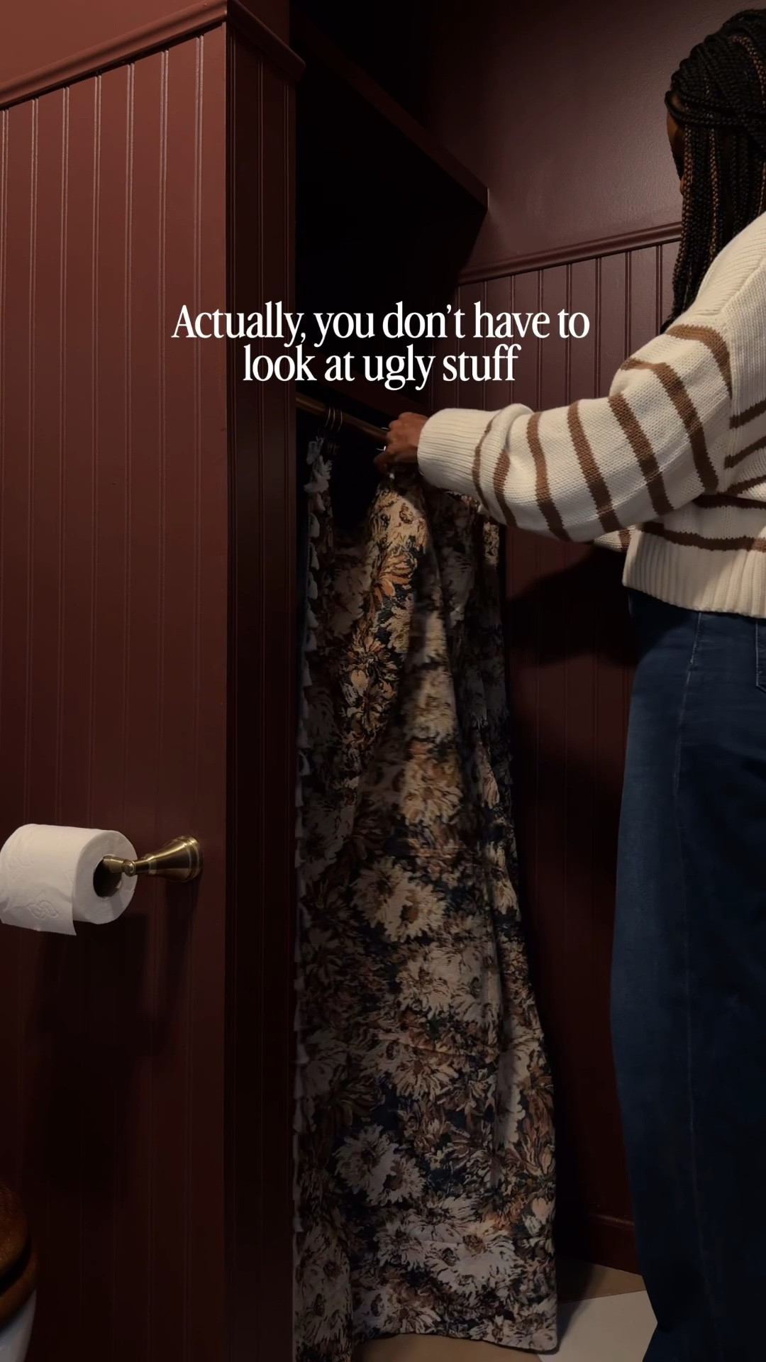 Easiest way to hide ugly stuff? Add a curtain! 
-
Hidden storage, easy diy, guest bath, patterned curtains 

#LTKHome
