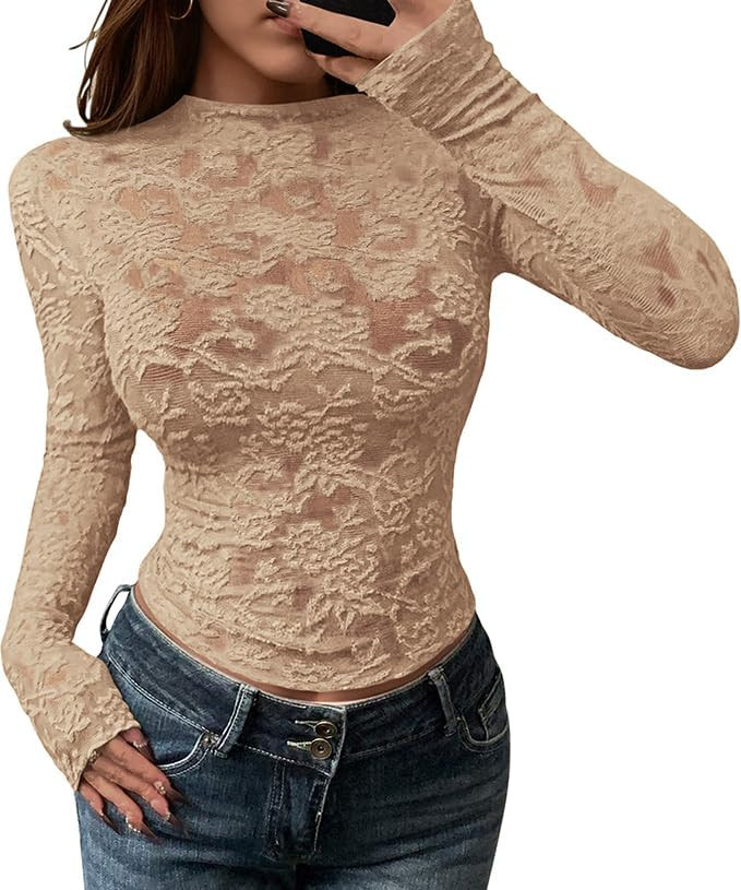 BTFBM Mesh Long Sleeve Tops for Women Lace Sexy Sheer Tight See Through Crew Neck Spring Fall 202... | Amazon (US)