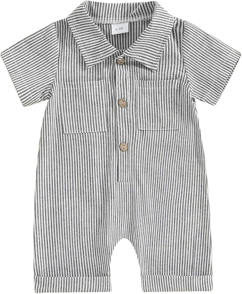 Baby Boy Vertical Striped Romper with Pockets One Piece Lapel Neck Short Sleeve Buttons Jumpsuit ... | Amazon (US)