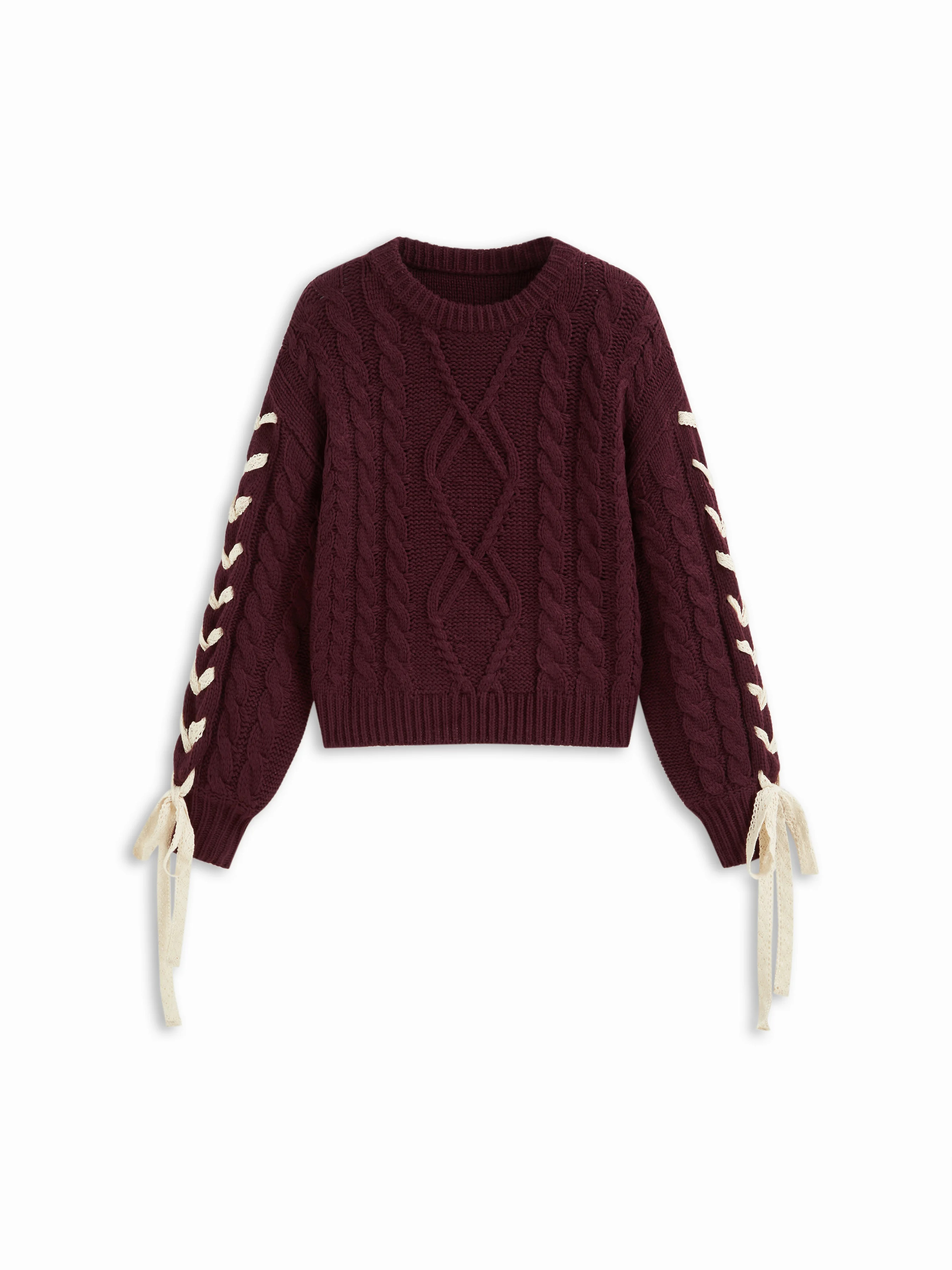 Knit Fabric Cable Knit Round Neckline Lace Up Knotted Oversized Sweater For School Daily Casual | Cider