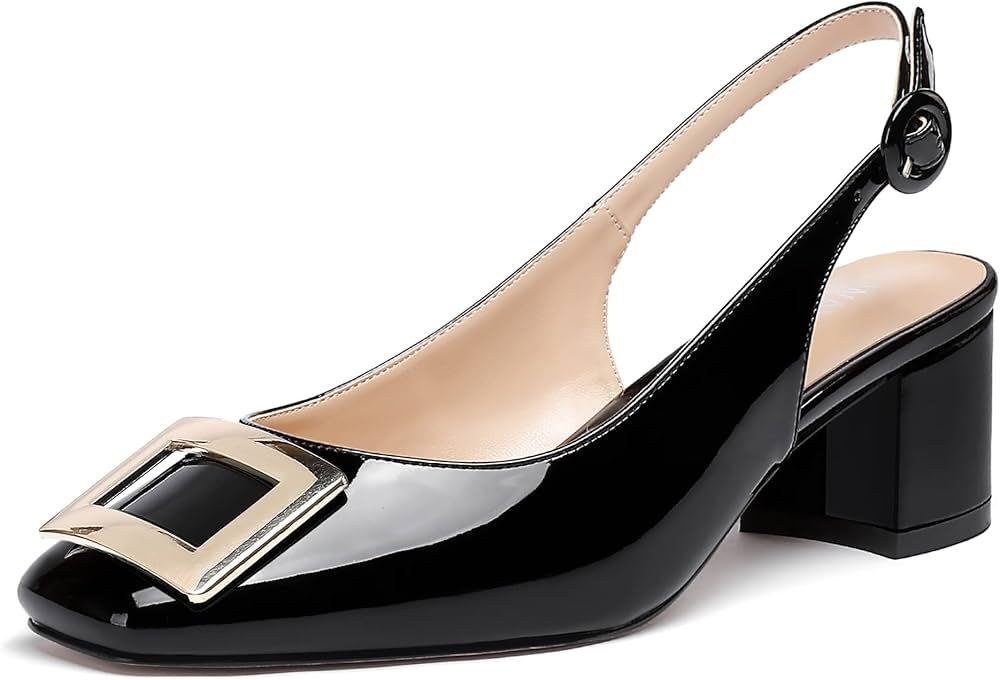 WAYDERNS Women's Slingback Patent Gold Metal Rectangle Buckle Square Toe Ankle Strap Chunky Low Heel | Amazon (US)