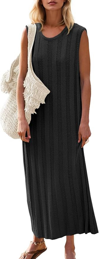 Fisoew Women's Summer Sleeveless Maxi Dress Scoop Neck Ribbed Knit Tank Top Dresses | Amazon (US)