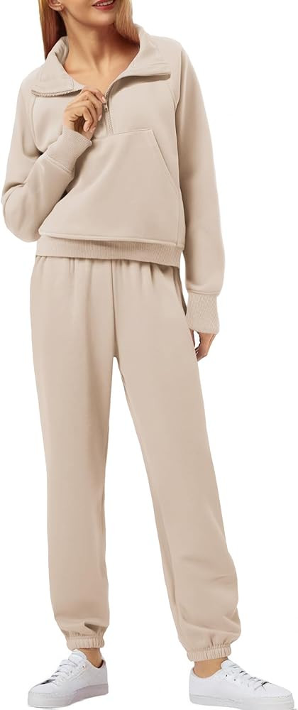 Amazon.com: PINSPARK Womens Two Piece Sweatsuit Set Half Zip Fleece Sweatshirt Joggers Sweatpants... | Amazon (US)