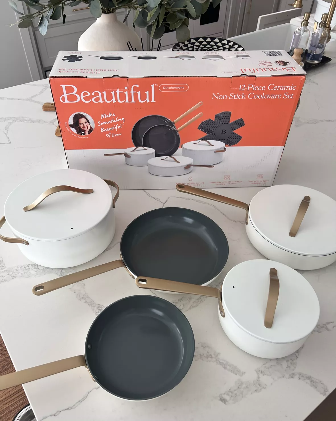 Beautiful 12pc Ceramic Non-Stick Cookware Set, White Icing by Drew Barrymore