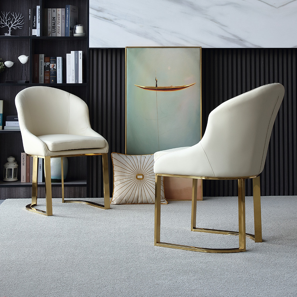 Off White Dining Chair Faux Leather Upholstered Side Chair Gold Frame Set of 2 | Homary