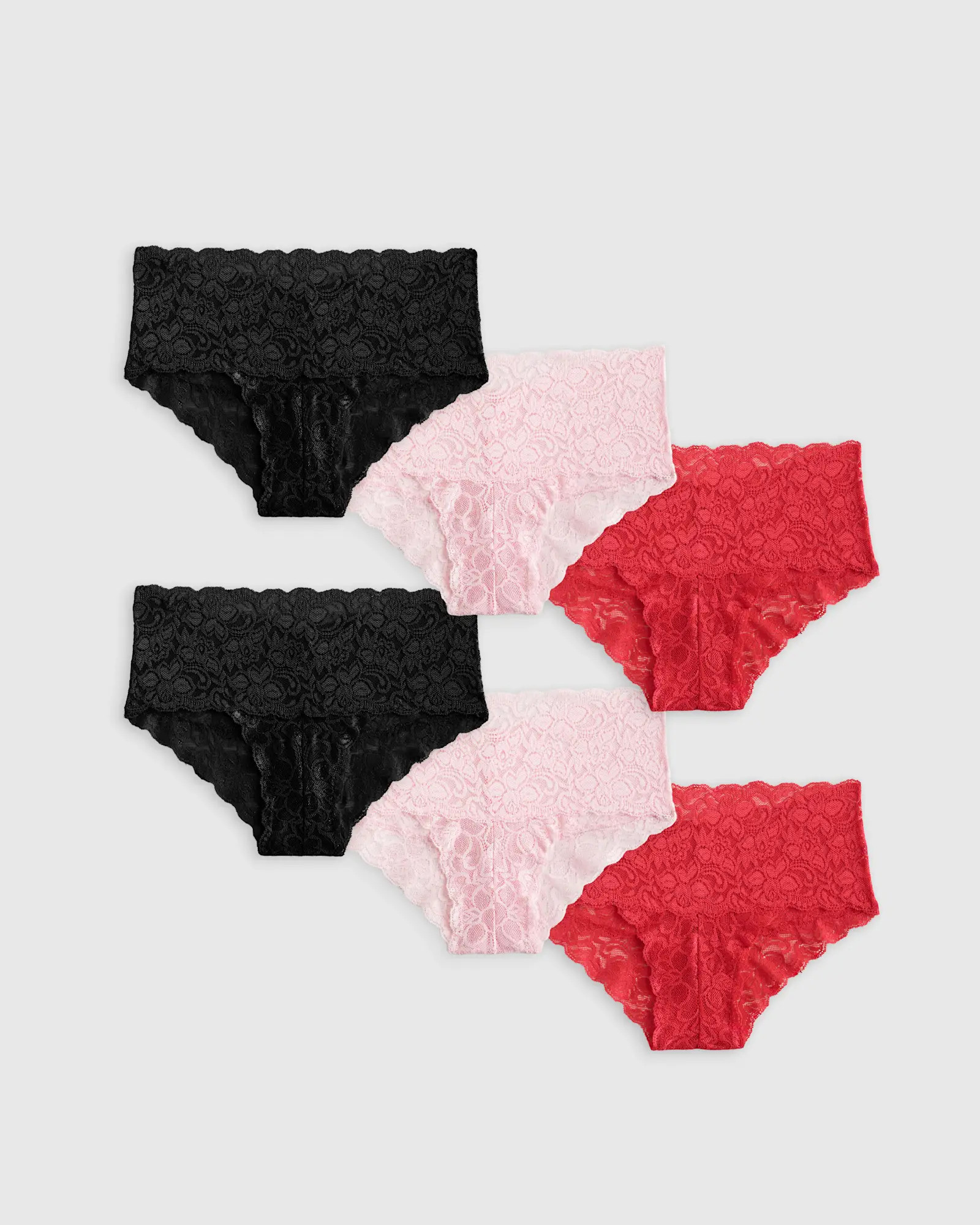Stretch Lace Cheeky Brief (6-pack) in Black/Pale Pink/Ruby | Quince