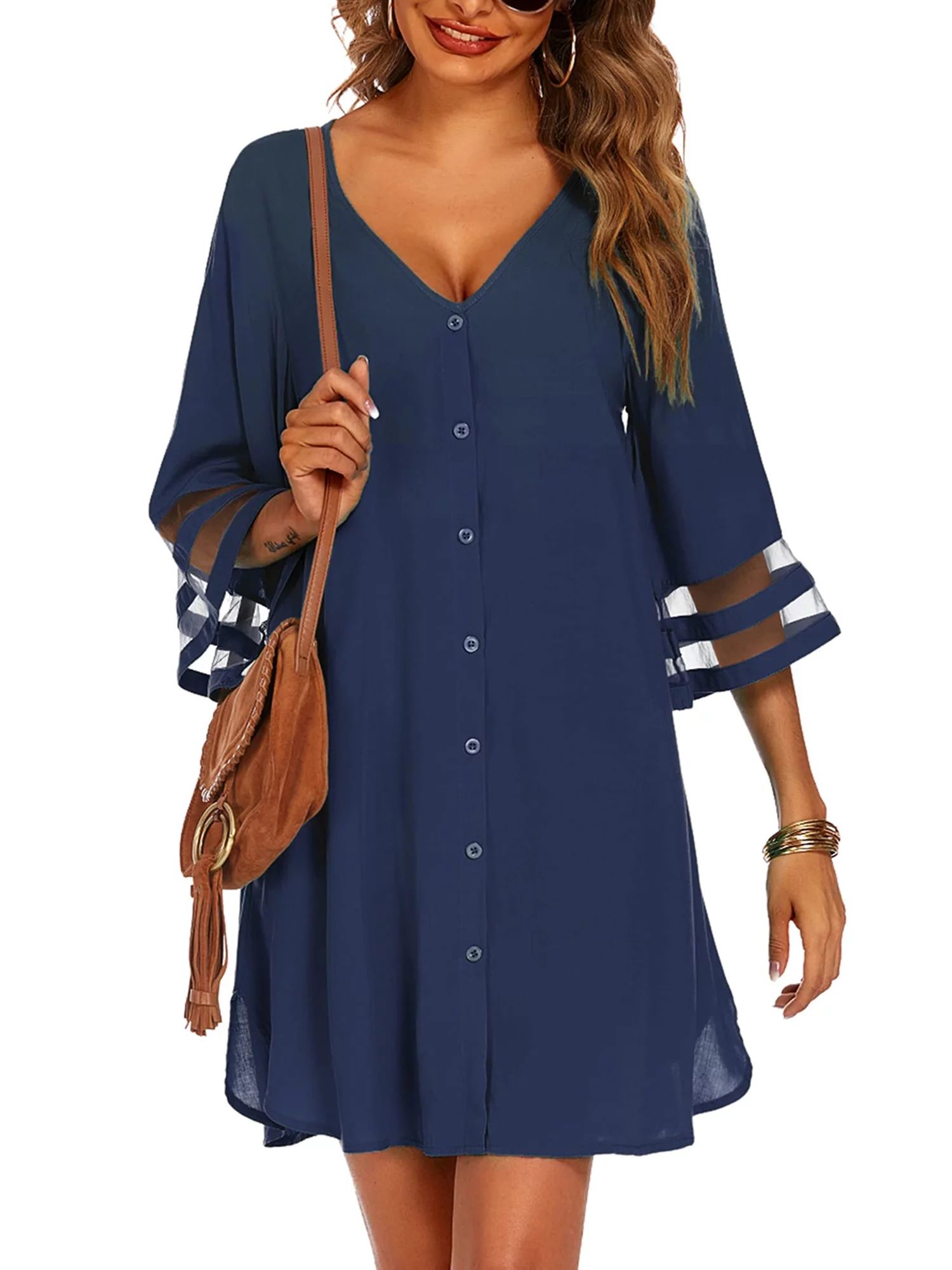 Women's Casual Bikini Cover-Up, Loose Fit Button-Down 3/4 Sleeve V Neck Chiffon Solid Color Beach... | Walmart (US)