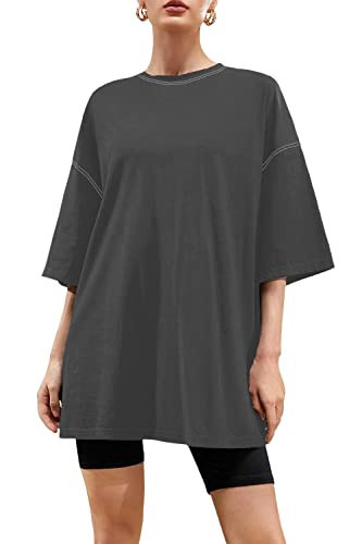 FSHAOES Women's Oversized T Shirts Casual Loose Half Sleeve Drop Shoulder Tees Summer Round Neck Cotton Tunic Tops Dark Grey | Amazon (US)