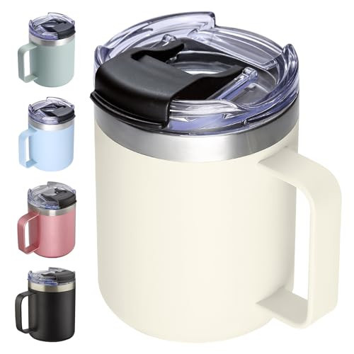 ALOUFEA 12oz Insulated Coffee Mug Cup with Handle, Stainless Steel Travel Coffee Mug with Flip Lid, Double Wall Vacuum Coffee Tumbler, Cream | Amazon (US)
